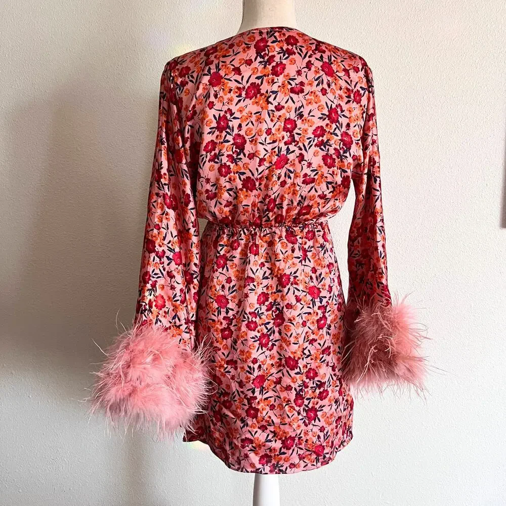 Buddy Love Anisa Feather Cuff Mini Dress Dragonfruit Pink Floral Size Small - Picture 9 of 10